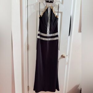 Chic Black and Silver Maxi Dress with Gold Accents